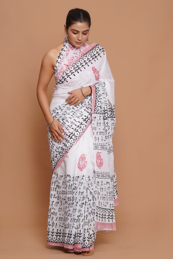 Bagru Print Mulmul Cotton Saree – Rosewood Charm
