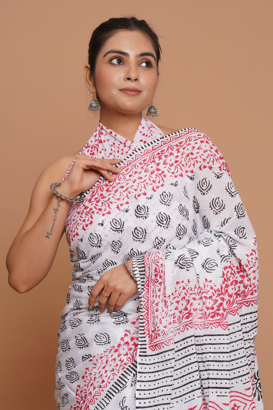 Bagru Print Mulmul Cotton Saree – Rosewood Charm