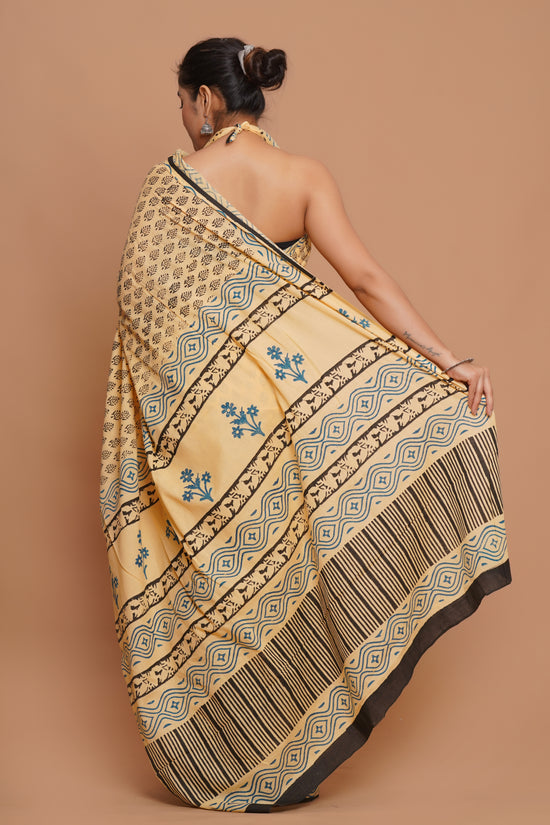 Bagru Print Mulmul Cotton Saree – Ivory Indigo