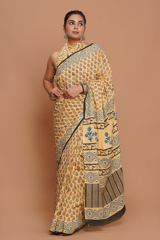 Bagru Print Mulmul Cotton Saree – Ivory Indigo