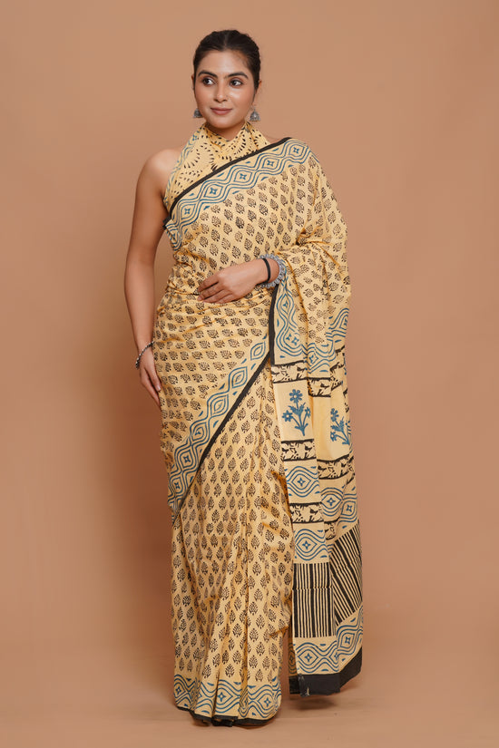 Bagru Print Mulmul Cotton Saree – Ivory Indigo