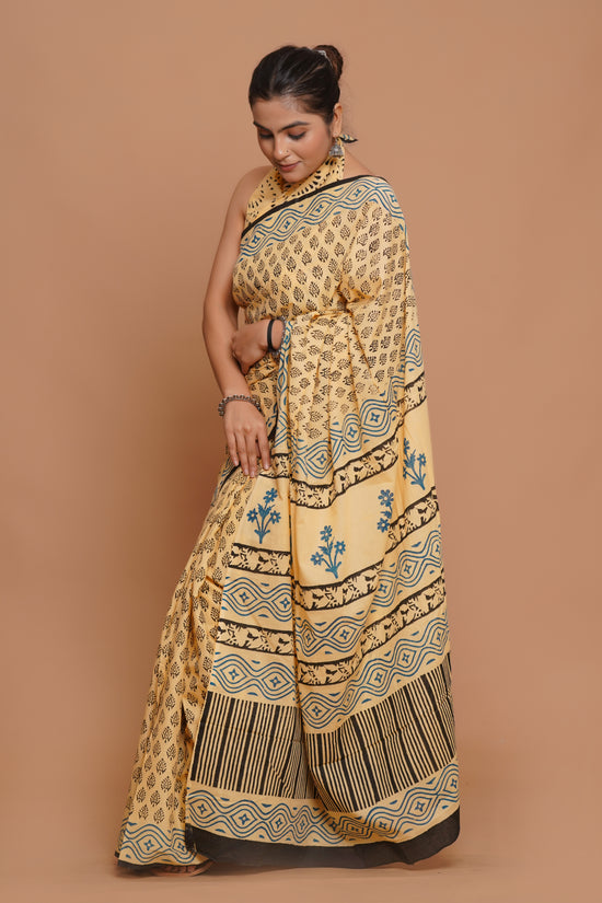 Bagru Print Mulmul Cotton Saree – Ivory Indigo