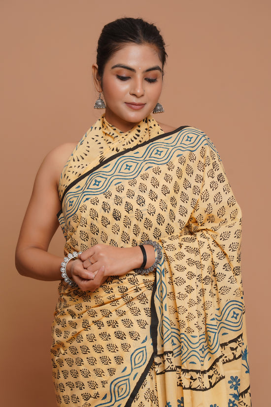 Bagru Print Mulmul Cotton Saree – Ivory Indigo