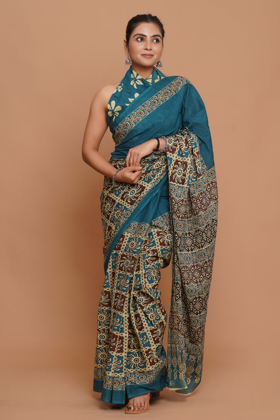 Bagru Print Mulmul Cotton Saree – Peacock Weave
