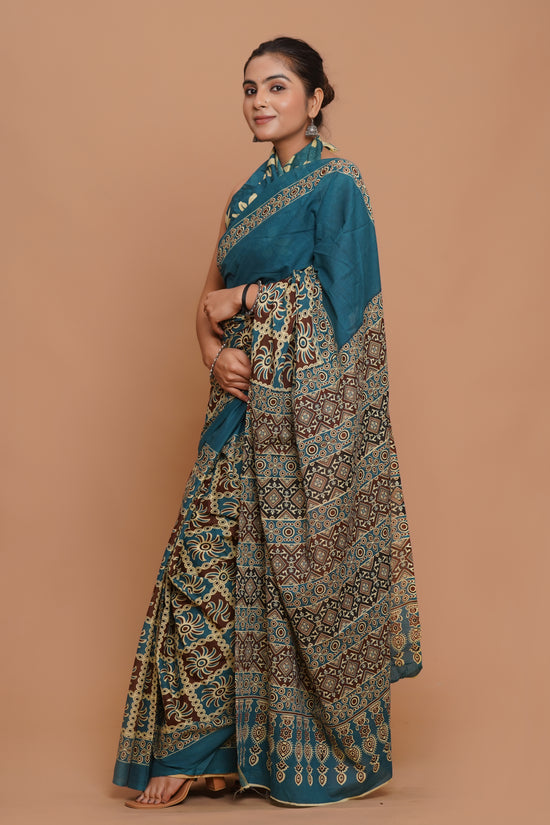 Bagru Print Mulmul Cotton Saree – Peacock Weave