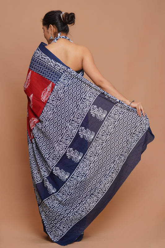 Bagru Print Mulmul Cotton Saree – Ruby Heritage