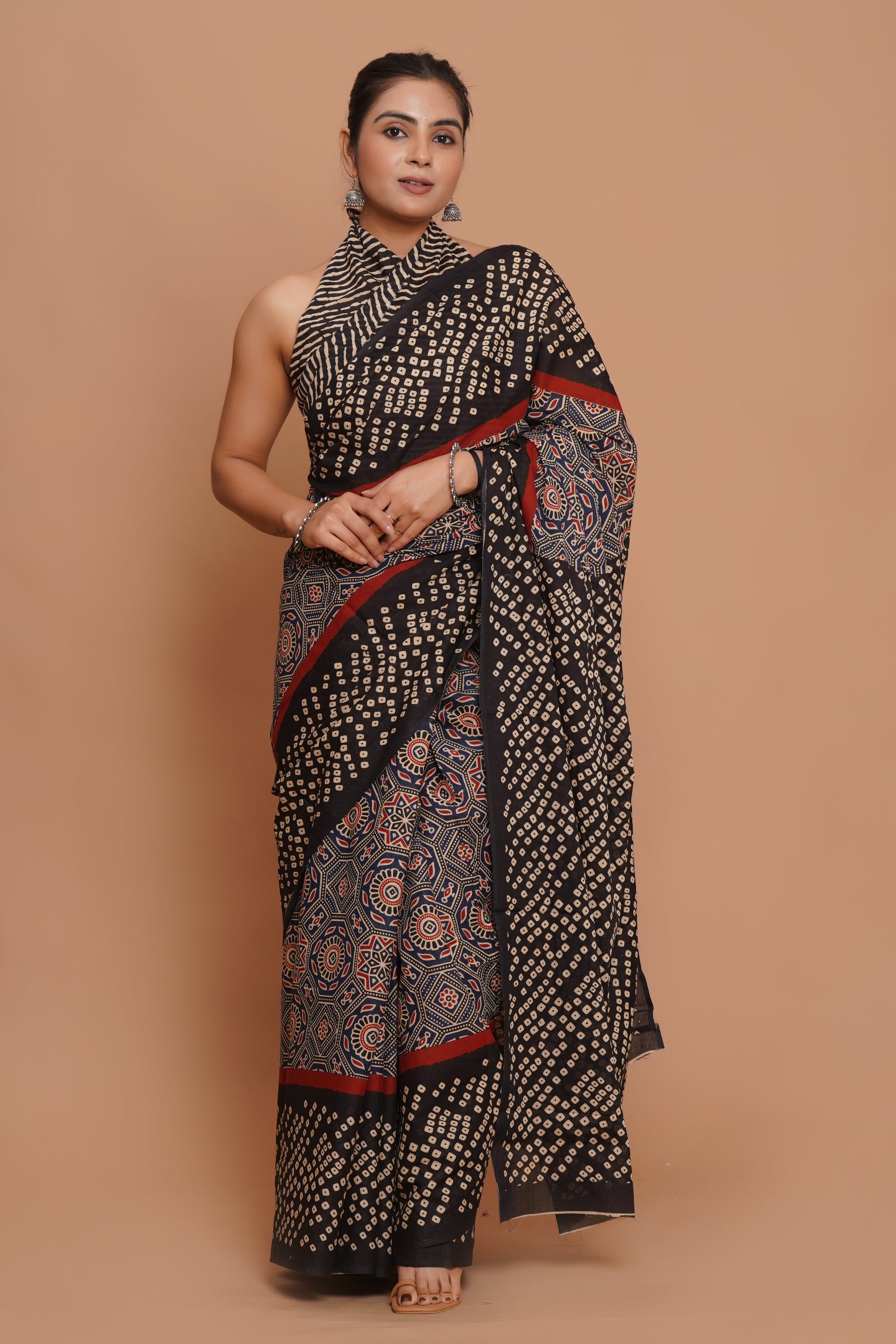 Bagru Print Mulmul Cotton Saree – Royal Dot Print