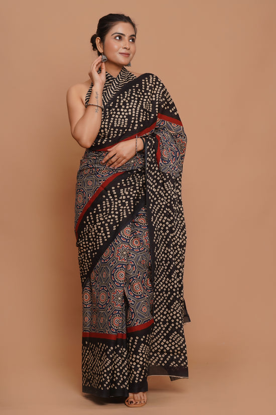Bagru Print Mulmul Cotton Saree – Royal Dot Print