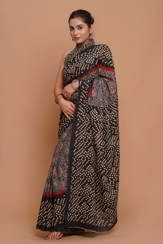 Bagru Print Mulmul Cotton Saree – Royal Dot Print