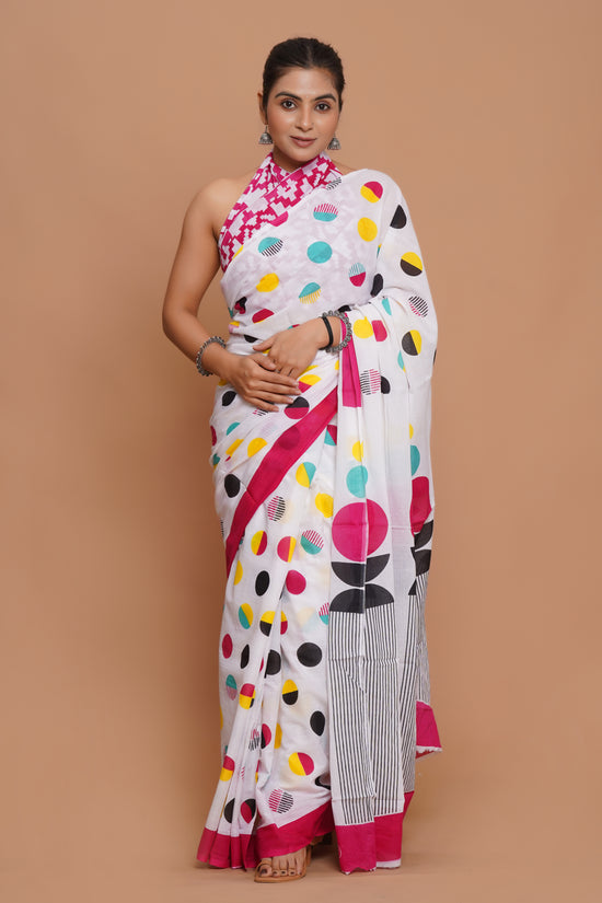 Bagru Print Mulmul Cotton Saree – Diamond Dot Print