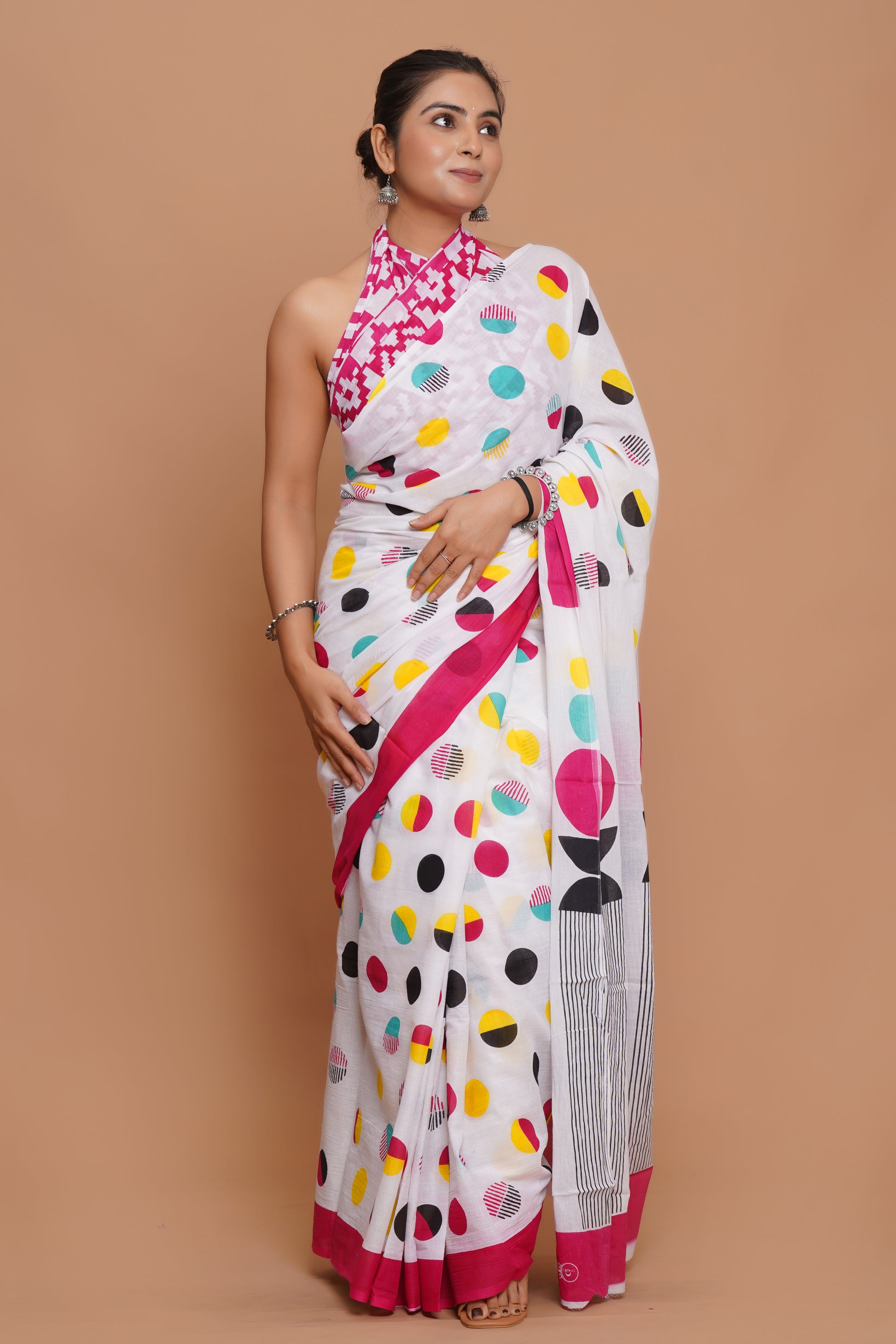 Bagru Print Mulmul Cotton Saree – Diamond Dot Print