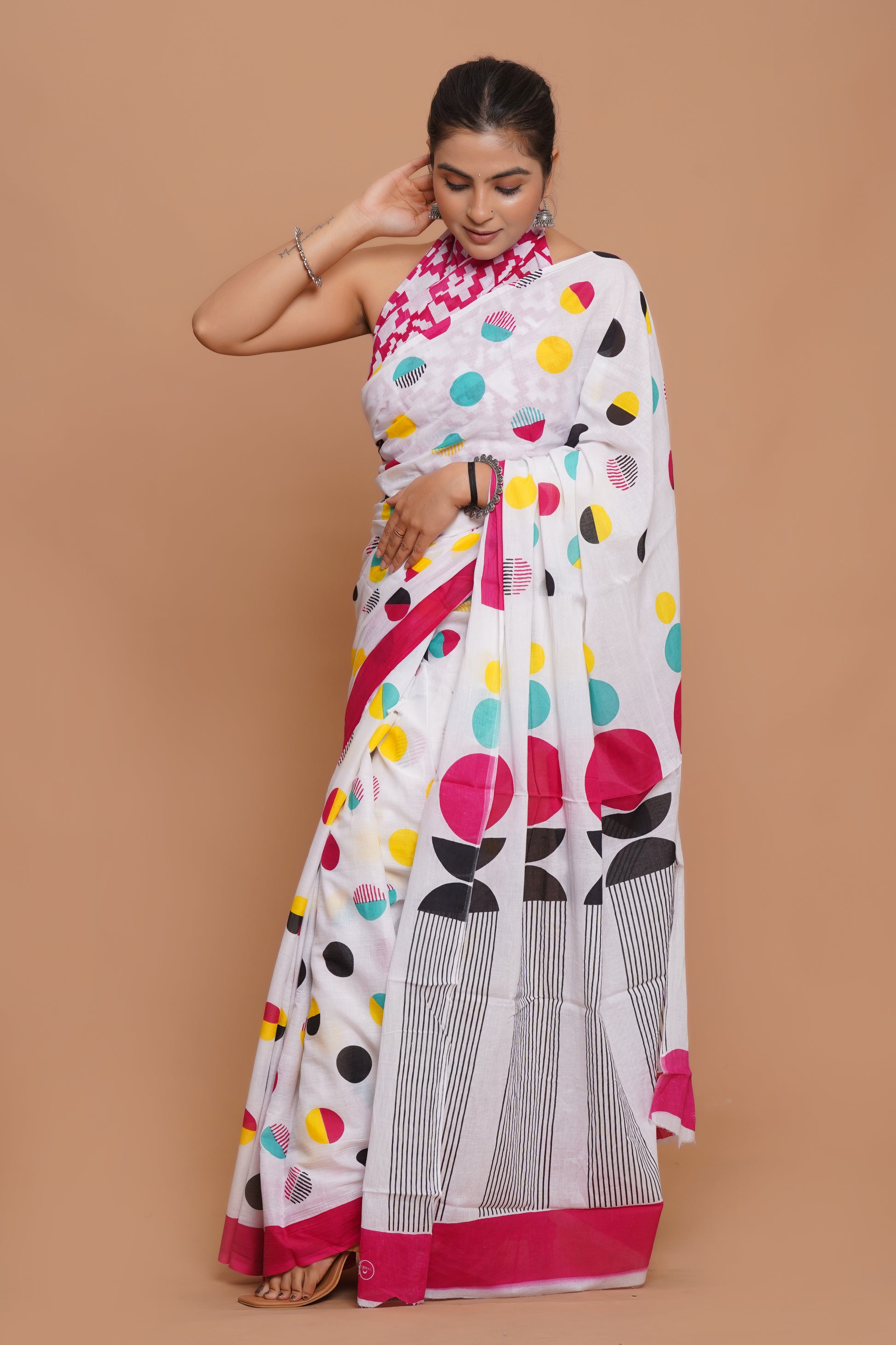 Bagru Print Mulmul Cotton Saree – Diamond Dot Print