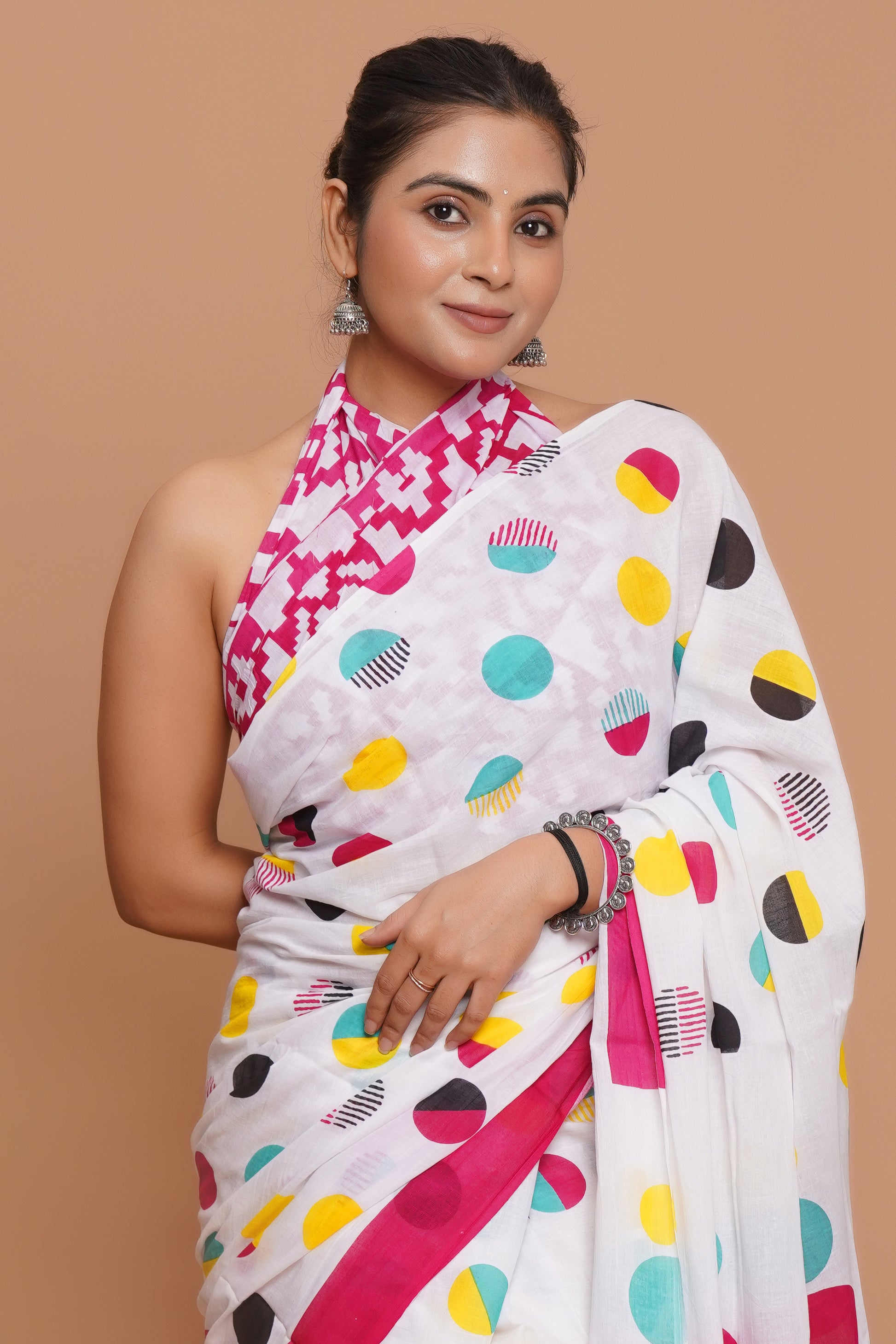 Bagru Print Mulmul Cotton Saree – Diamond Dot Print