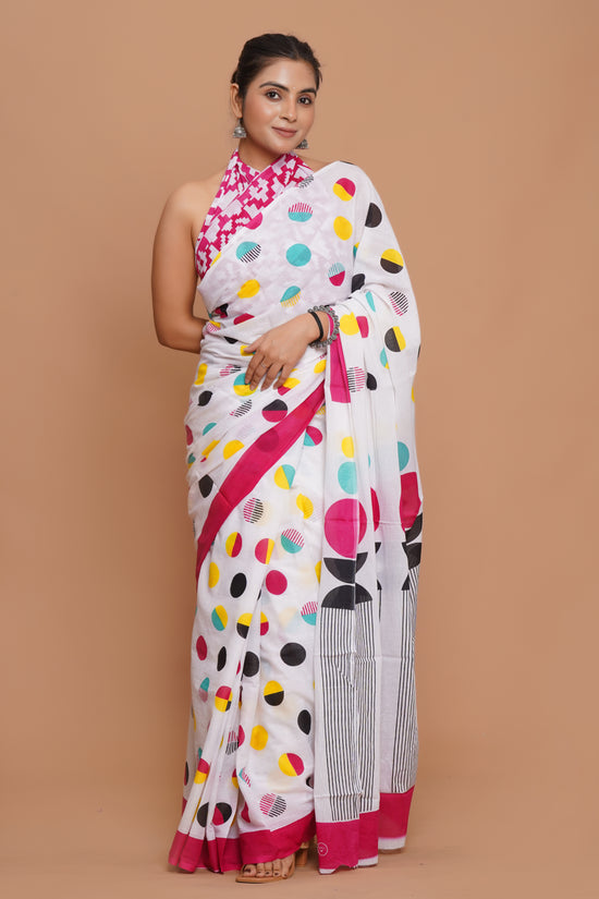 Bagru Print Mulmul Cotton Saree – Diamond Dot Print
