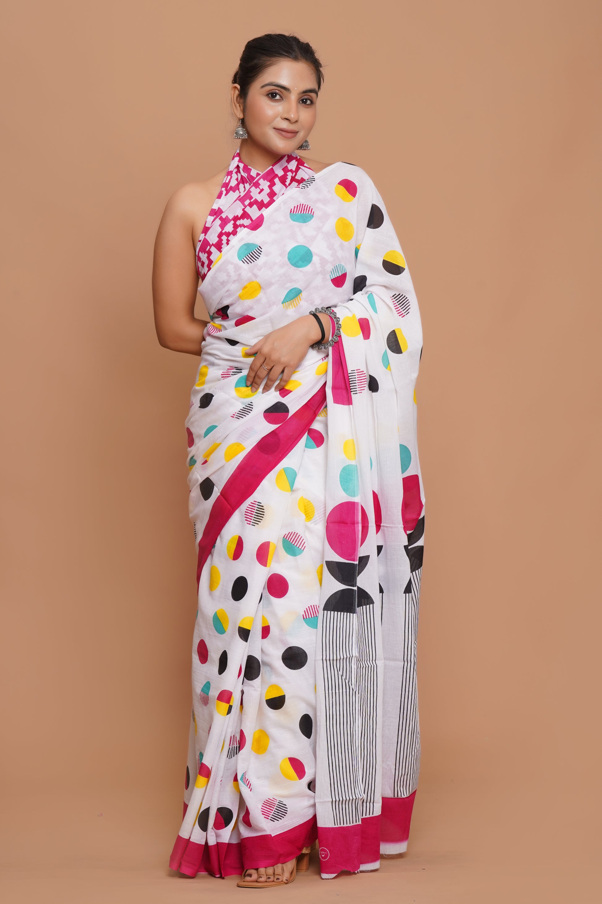 Bagru Print Mulmul Cotton Saree – Diamond Dot Print