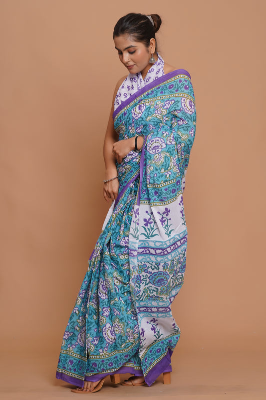 Bagru Print Mulmul Cotton Saree – Royal Lotus