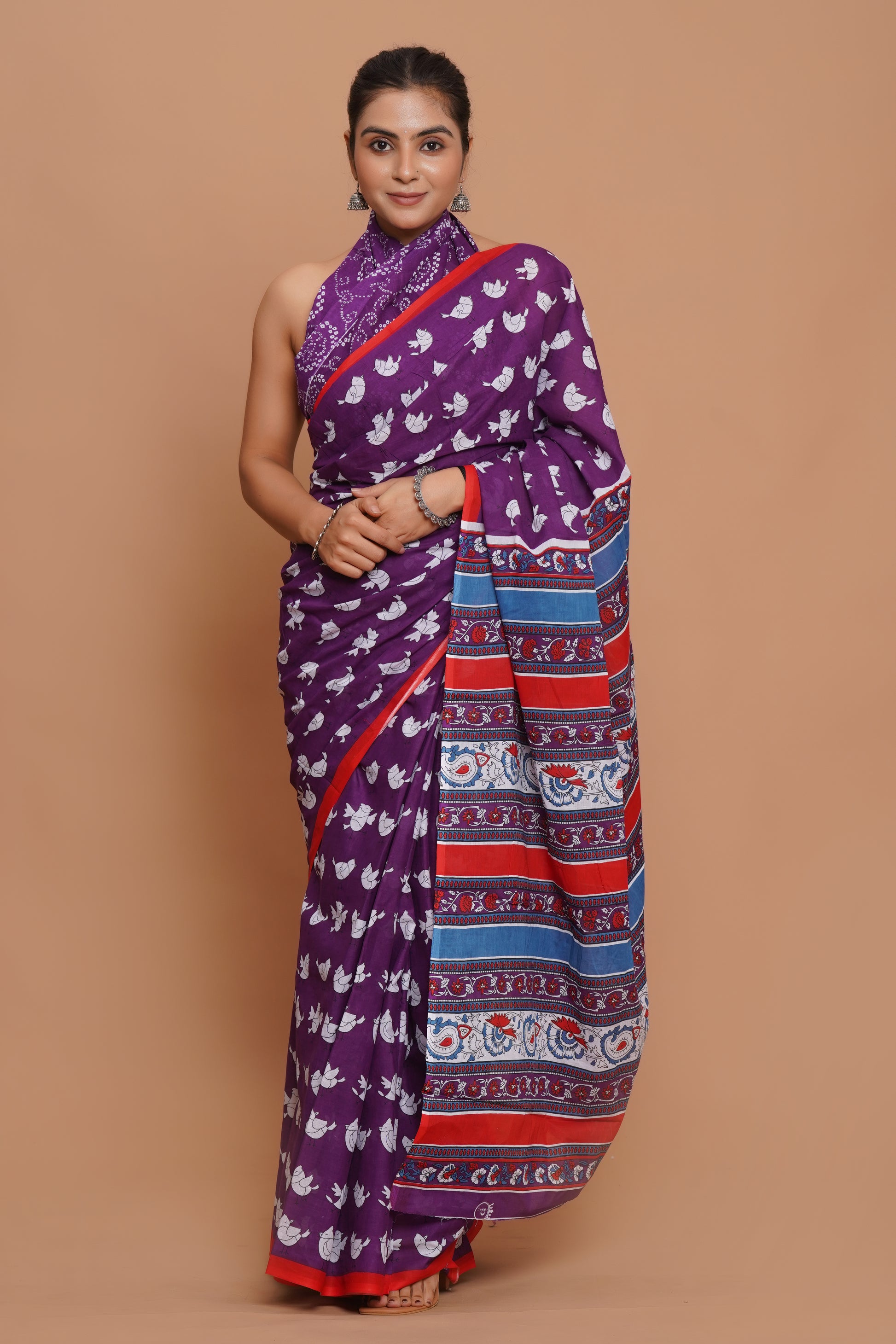 Bagru Print Mulmul Cotton Saree – Amethyst Bloom