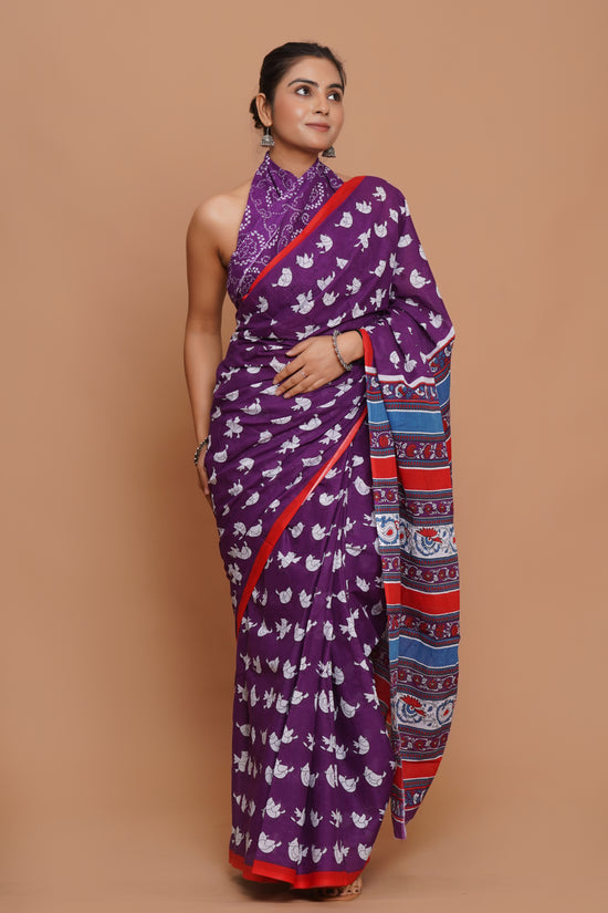 Bagru Print Mulmul Cotton Saree – Amethyst Bloom