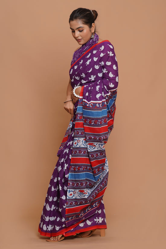 Bagru Print Mulmul Cotton Saree – Amethyst Bloom