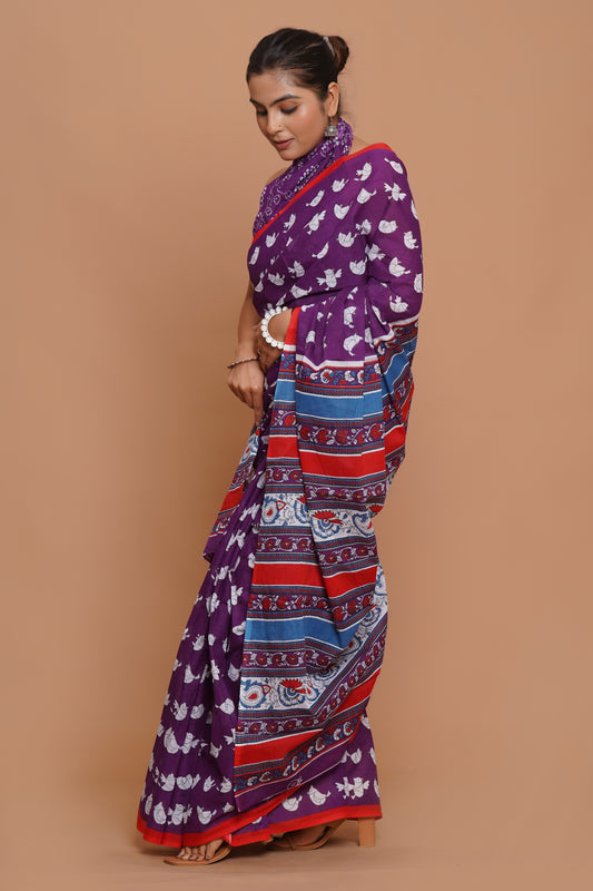 Bagru Print Mulmul Cotton Saree – Amethyst Bloom