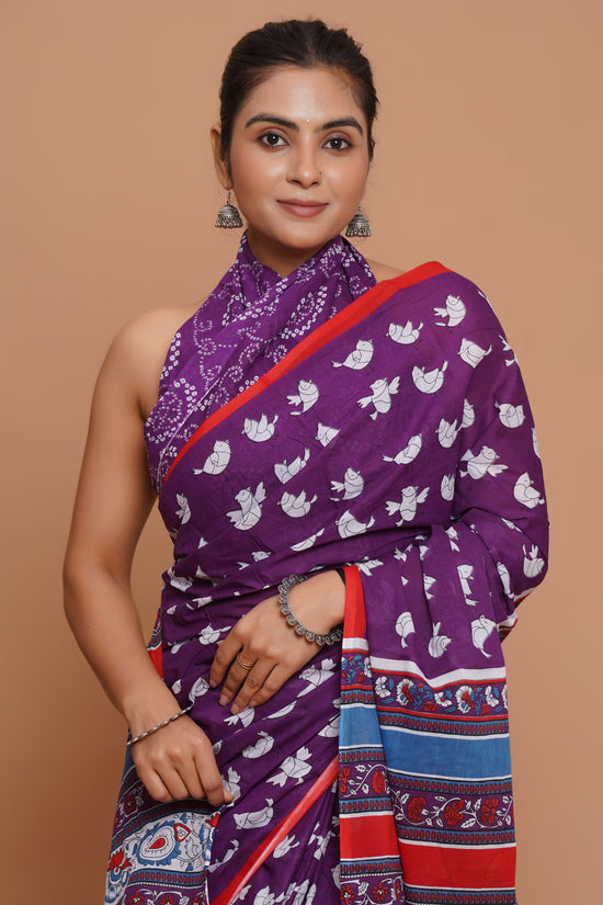 Bagru Print Mulmul Cotton Saree – Amethyst Bloom
