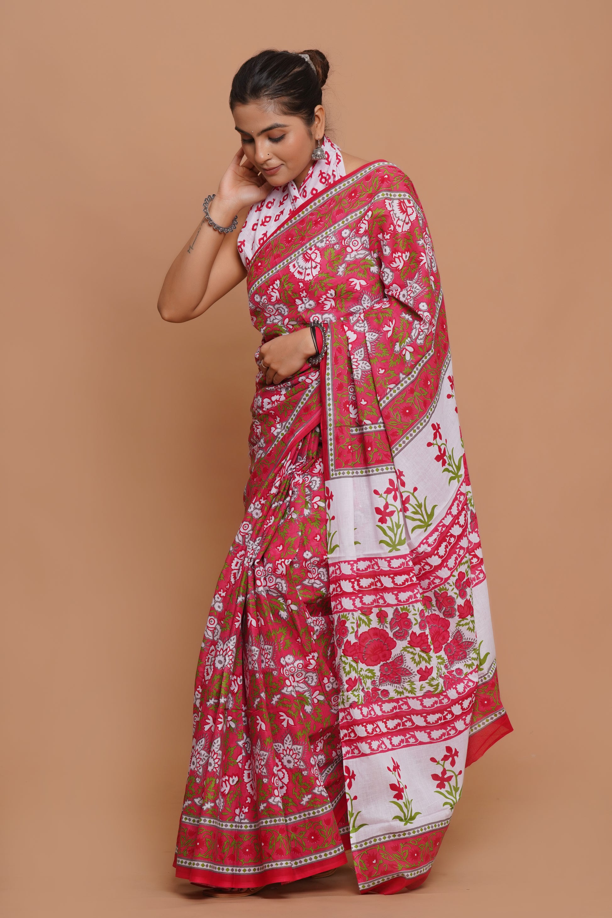 Bagru Print Mulmul Cotton Saree – Royal Blossom