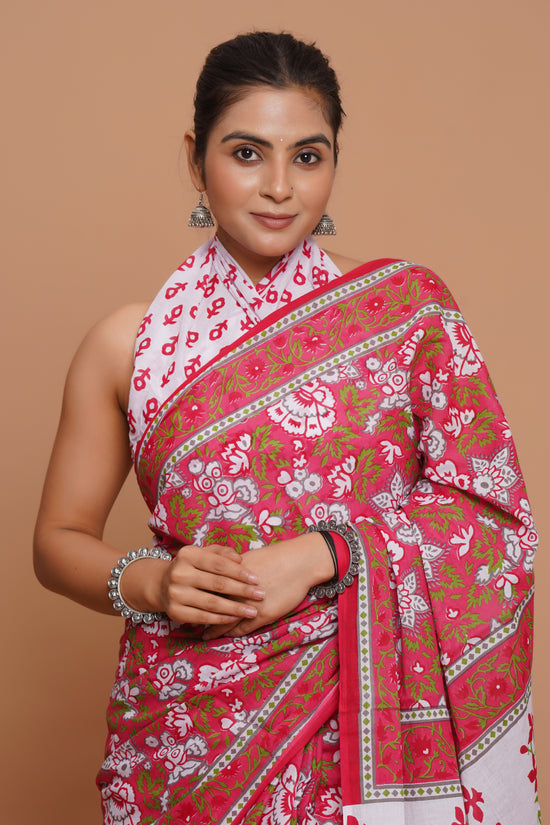 Bagru Print Mulmul Cotton Saree – Royal Blossom
