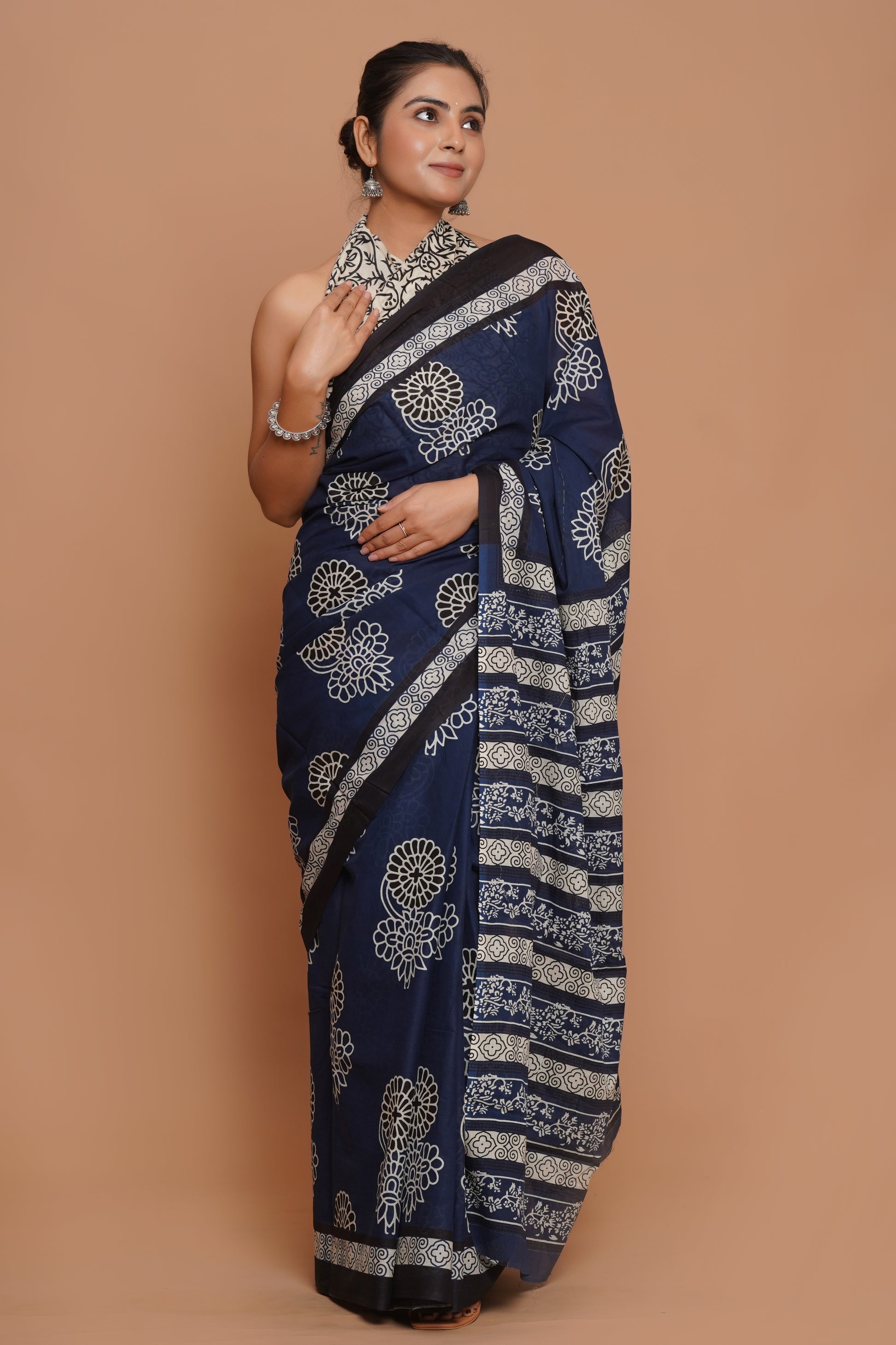 Bagru Print Mulmul Cotton Saree – Royal Blossom
