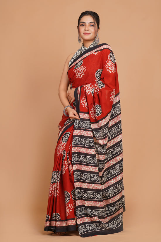 Bagru Print Mulmul Cotton Saree – Floral Buti Print