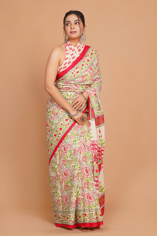 Bagru Print Mulmul Cotton Saree – Floral Buti Print