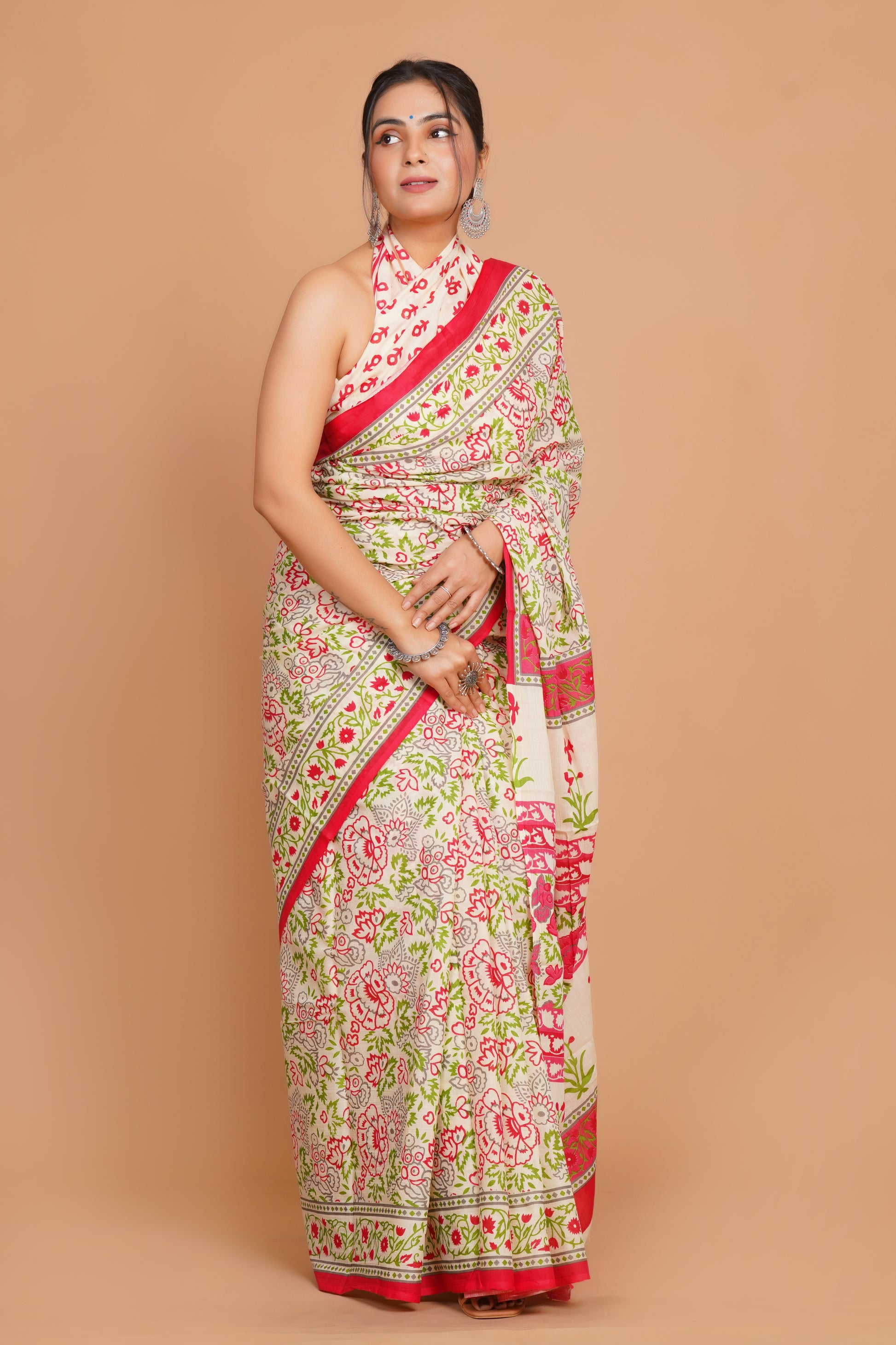 Bagru Print Mulmul Cotton Saree – Floral Buti Print