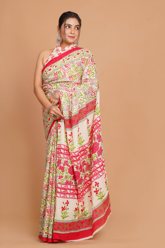 Bagru Print Mulmul Cotton Saree – Floral Buti Print