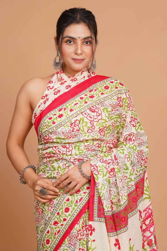 Bagru Print Mulmul Cotton Saree – Floral Buti Print