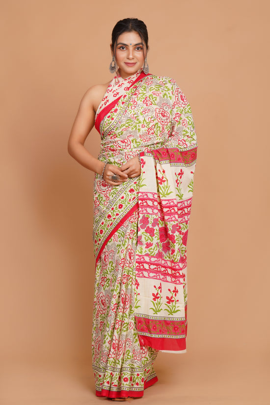 Bagru Print Mulmul Cotton Saree – Floral Buti Print