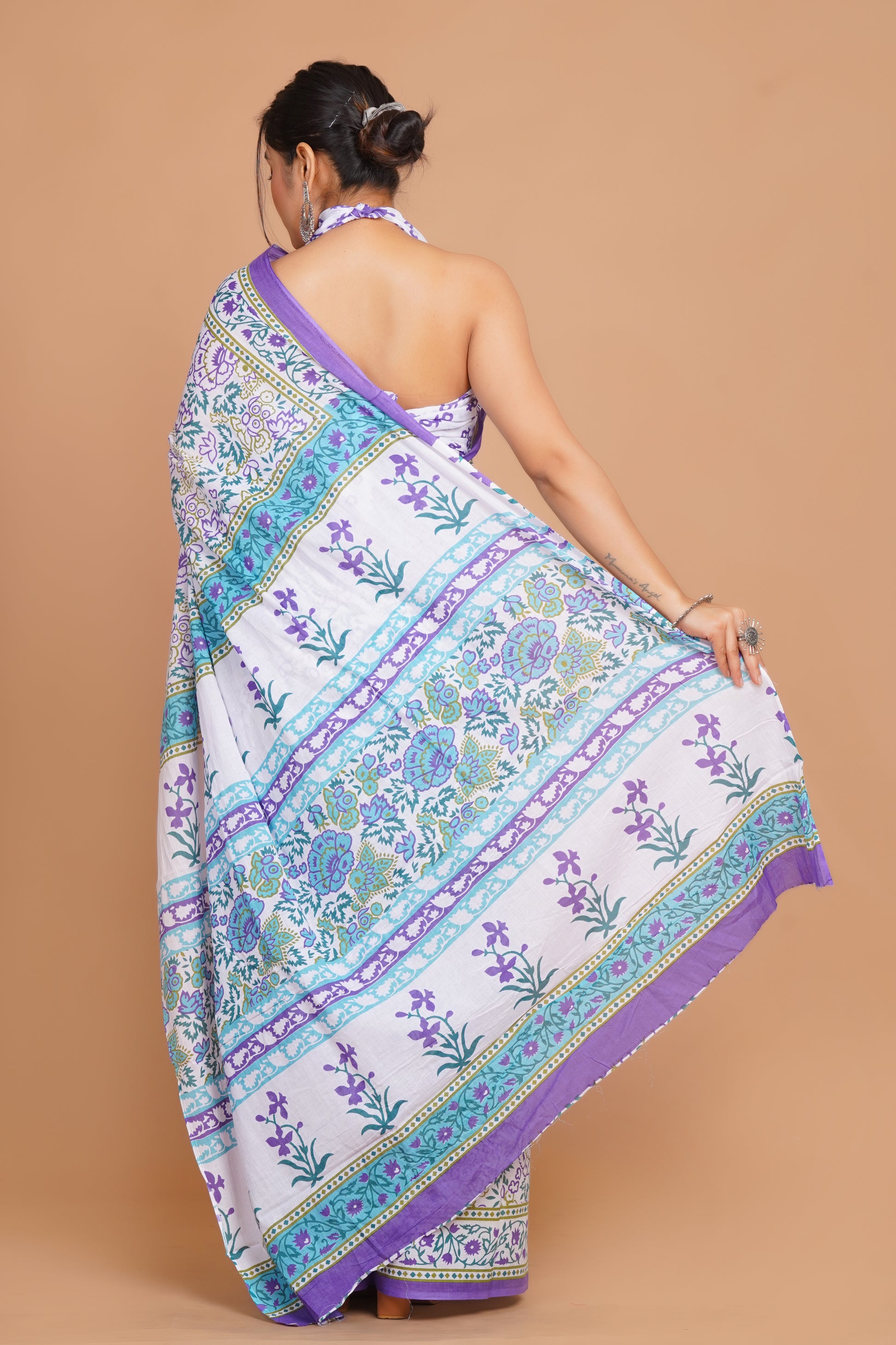 Bagru Print Mulmul Cotton Saree – Diamond Dot Print