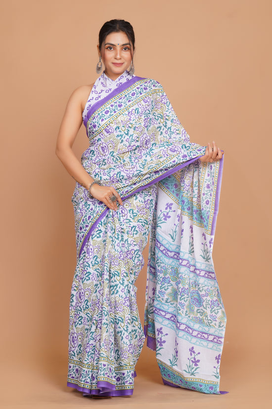 Bagru Print Mulmul Cotton Saree – Diamond Dot Print