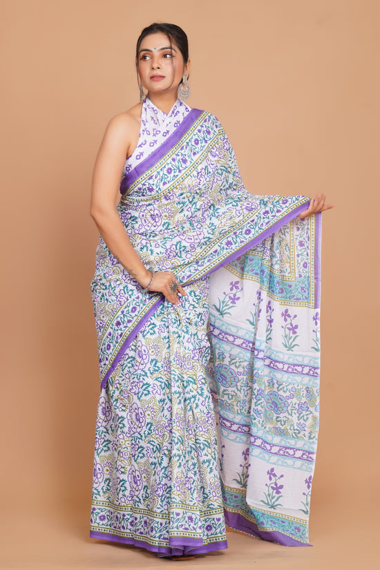 Bagru Print Mulmul Cotton Saree – Diamond Dot Print