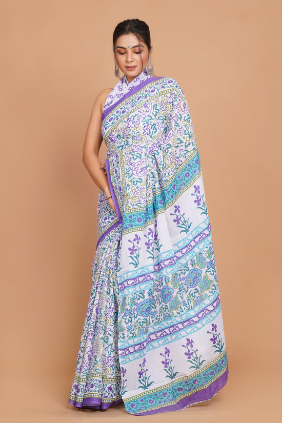 Bagru Print Mulmul Cotton Saree – Diamond Dot Print