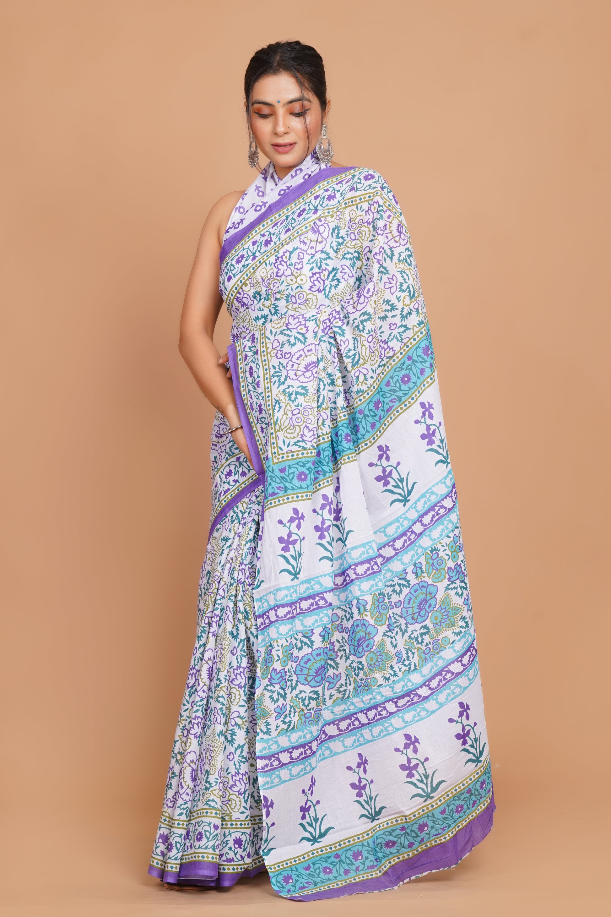 Bagru Print Mulmul Cotton Saree – Diamond Dot Print