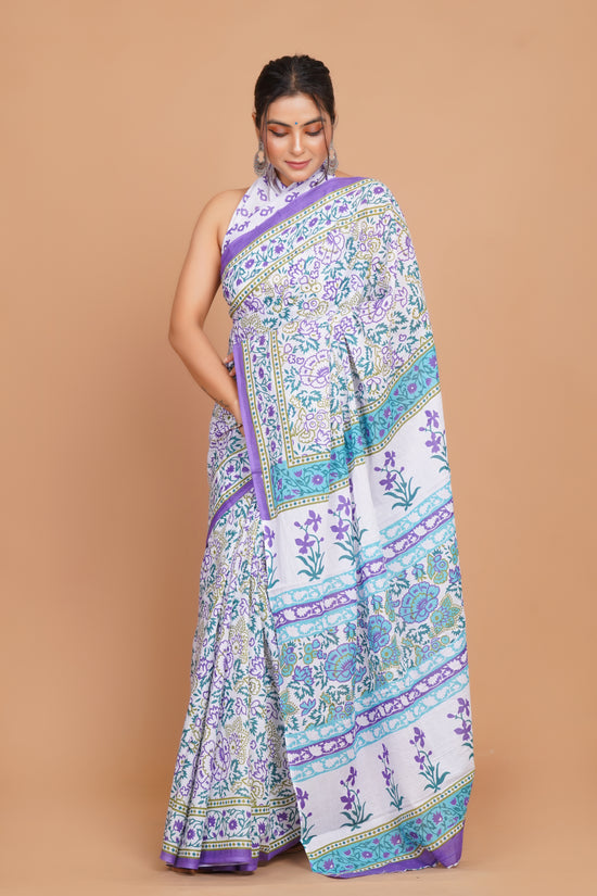 Bagru Print Mulmul Cotton Saree – Diamond Dot Print