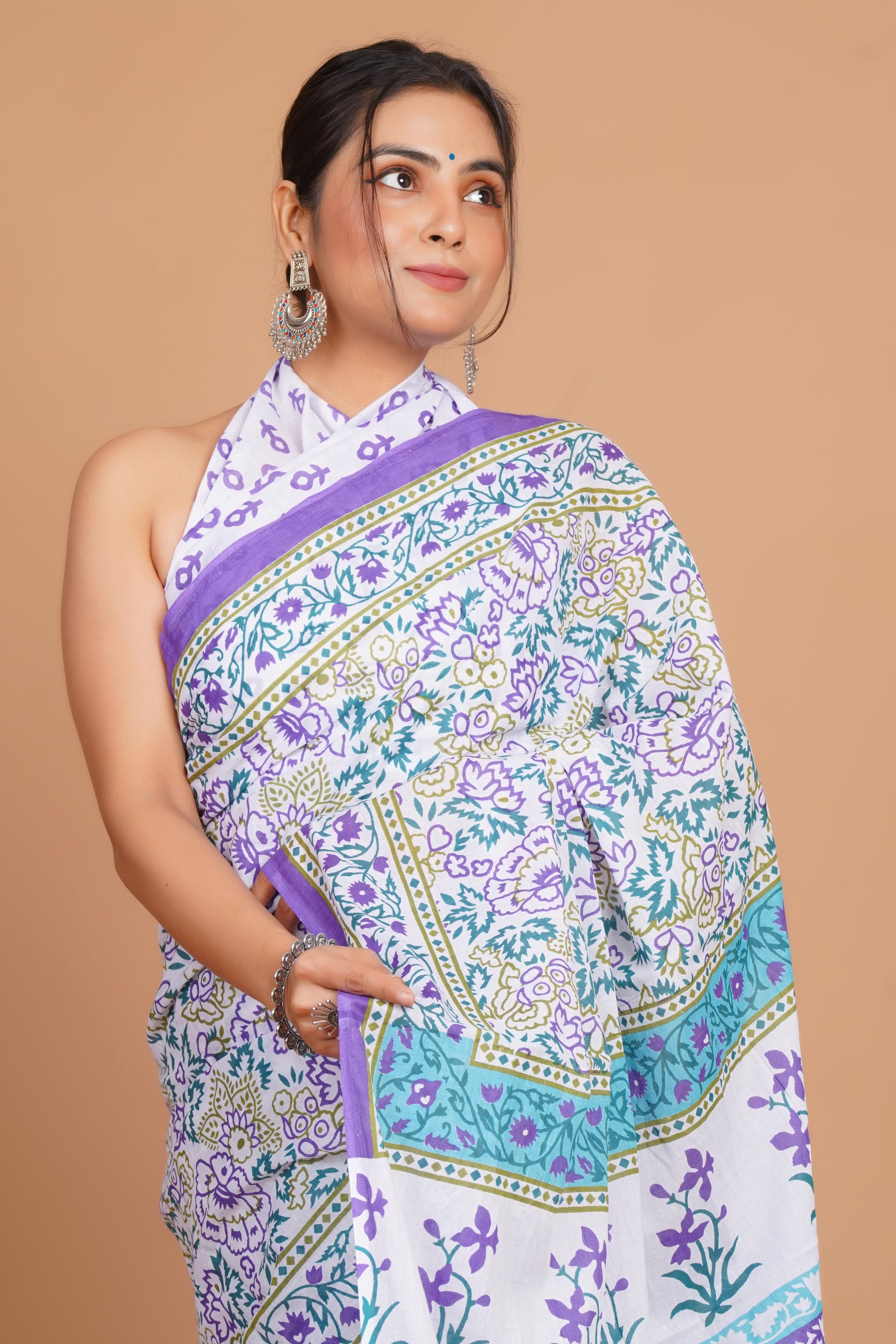 Bagru Print Mulmul Cotton Saree – Diamond Dot Print