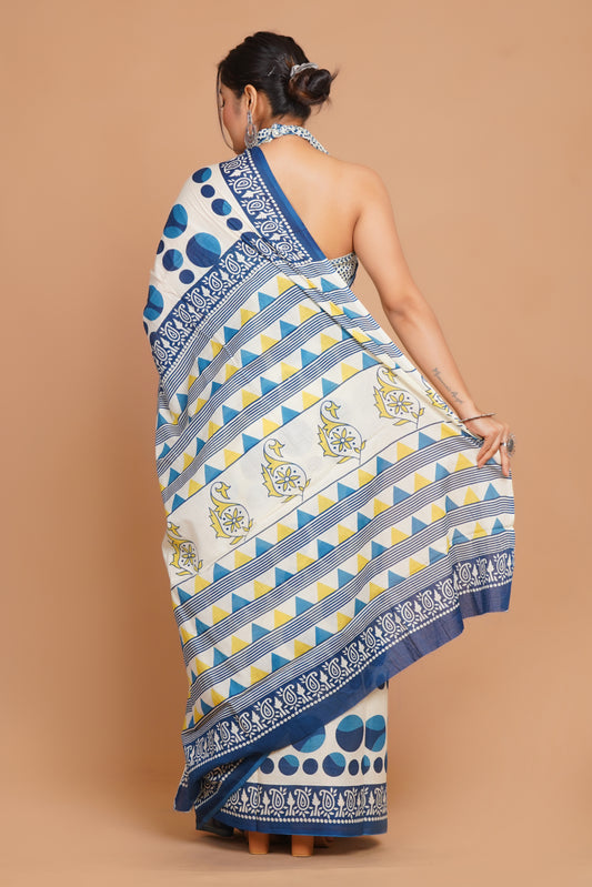 Bagru Print Mulmul Cotton Saree – Diamond Dot Print