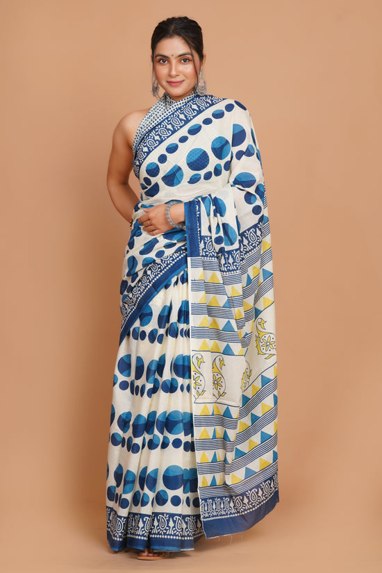 Bagru Print Mulmul Cotton Saree – Diamond Dot Print