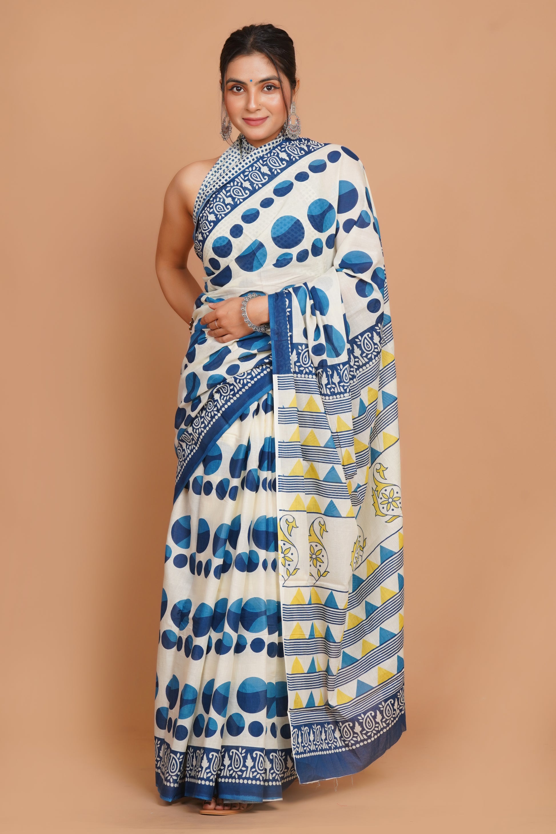 Bagru Print Mulmul Cotton Saree – Diamond Dot Print