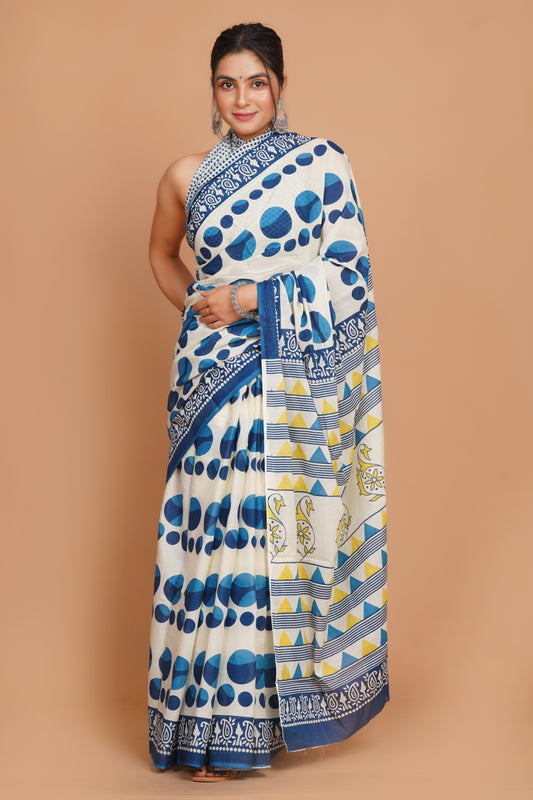 Bagru Print Mulmul Cotton Saree – Diamond Dot Print