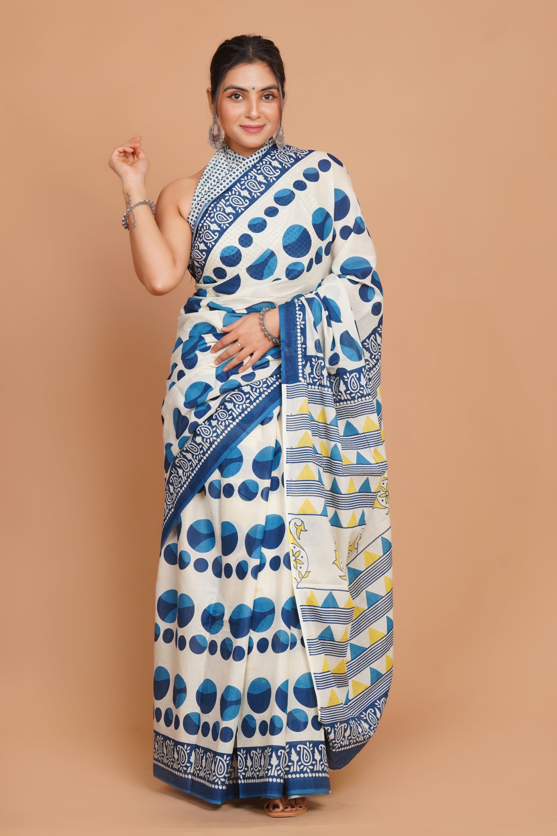 Bagru Print Mulmul Cotton Saree – Diamond Dot Print