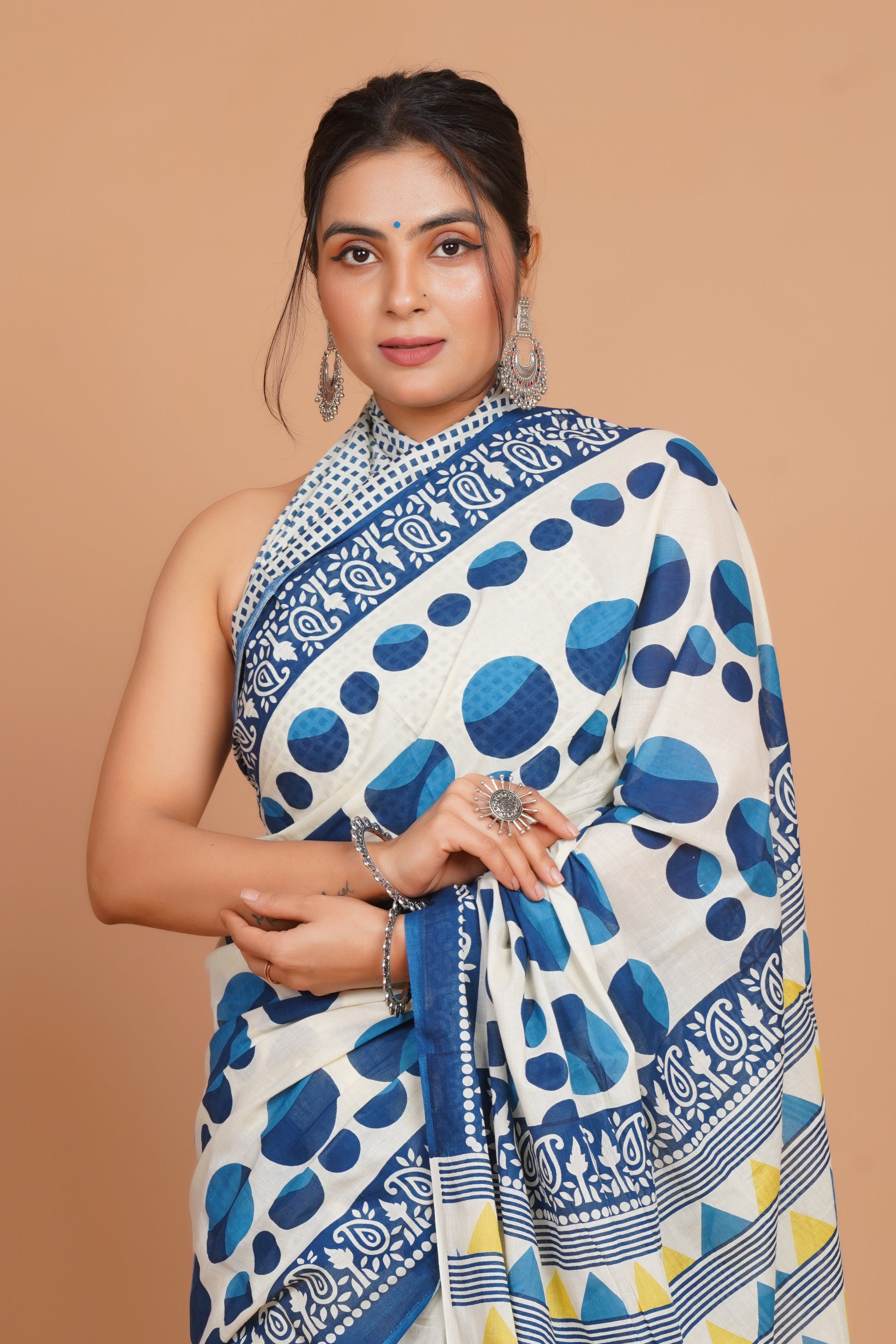 Bagru Print Mulmul Cotton Saree – Diamond Dot Print