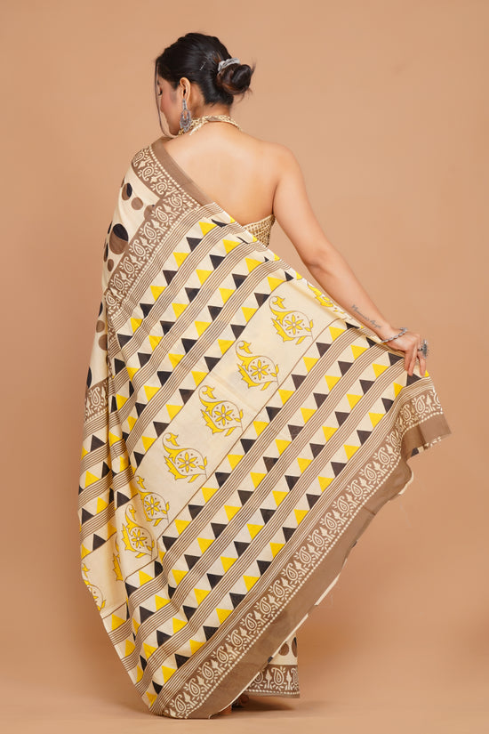 Bagru Print Mulmul Cotton Saree – Diamond Dot Print