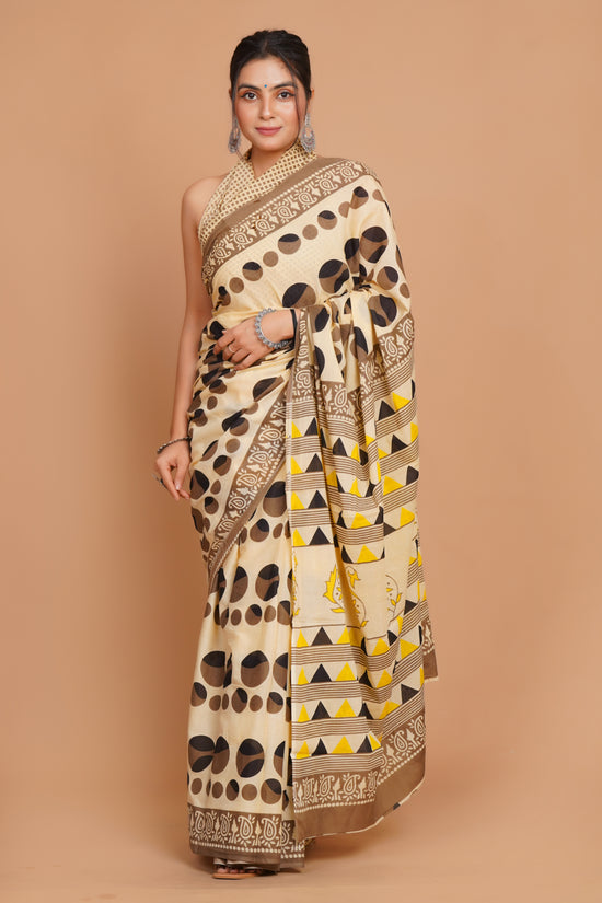 Bagru Print Mulmul Cotton Saree – Diamond Dot Print