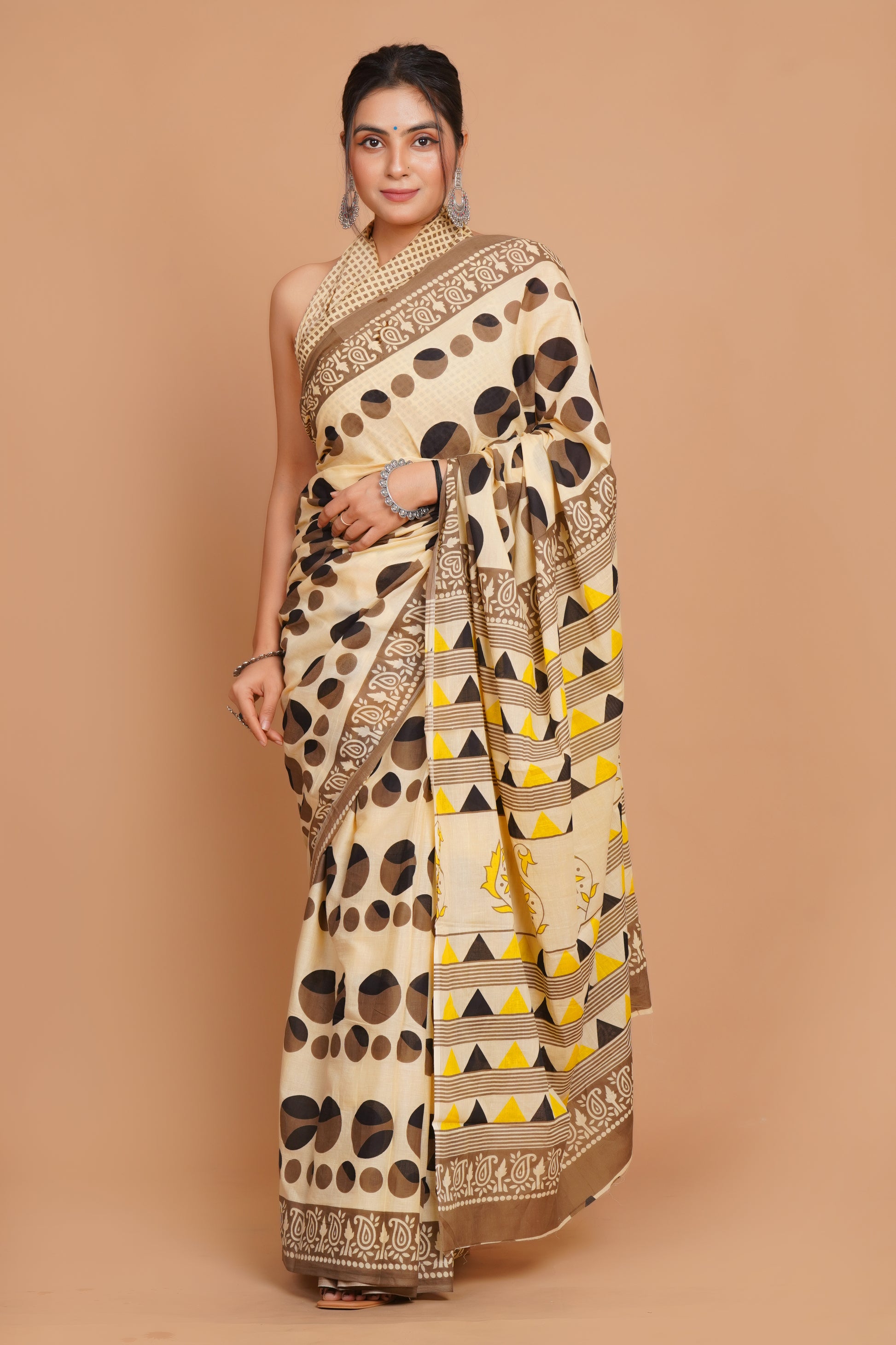 Bagru Print Mulmul Cotton Saree – Diamond Dot Print